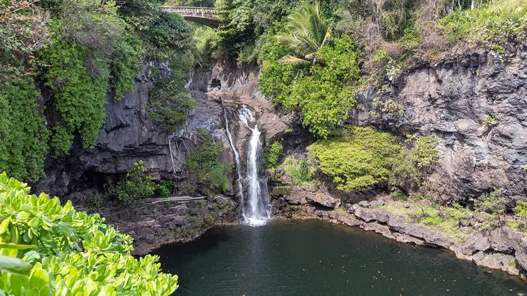 A lush, tropical waterfall cascades into a tranquil pond surrounded by rocky cliffs and dense greenery, with an arched stone bridge in the background.