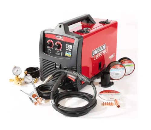 A red and black Titanium MIG 170 welder with gauges, a welding gun, cables, and multiple accessories on a white background.