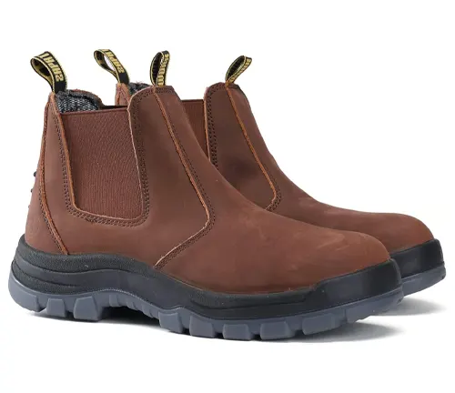 Pair of brown, slip-on welding boots with elastic sides and reinforced toe caps for 2024.