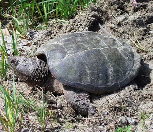 A close-up image of a snapping turtle with its sharp beak-like mouth open, ready to snap, in a natural habitat.


