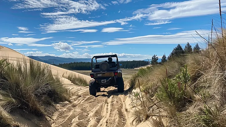 An ATV on a sandy trail lined with tall grass, under a blue sky with scattered clouds, heading toward a mountainous horizon.
