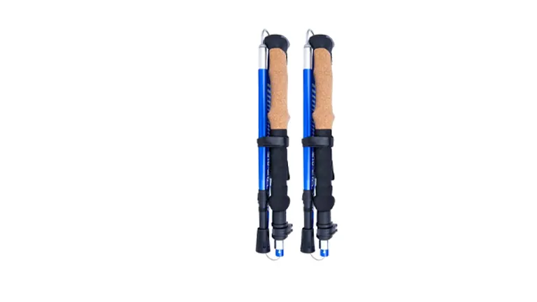 A pair of blue collapsible trekking poles with cork handles and black straps, displayed on a white background.