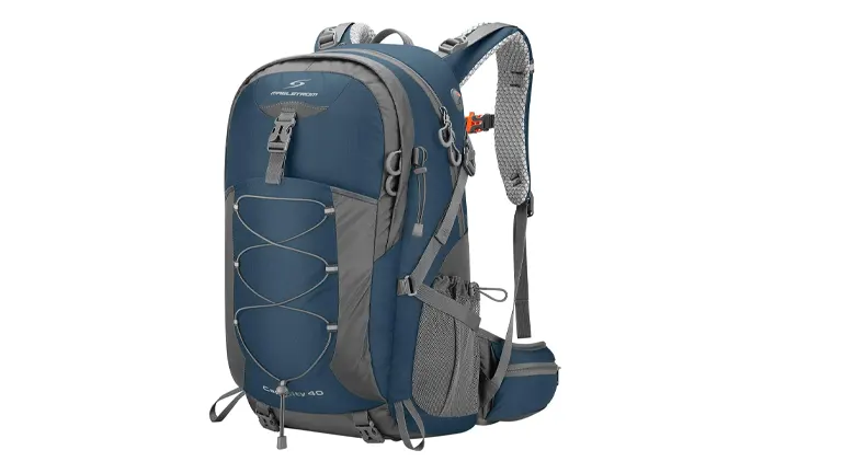 A blue and grey hiking backpack with an integrated hydration system, featuring a front stretch cord, side compression straps, and a ventilated back panel. The pack includes multiple pockets, a hip belt, and is labeled as a 40L capacity for extended trips.
