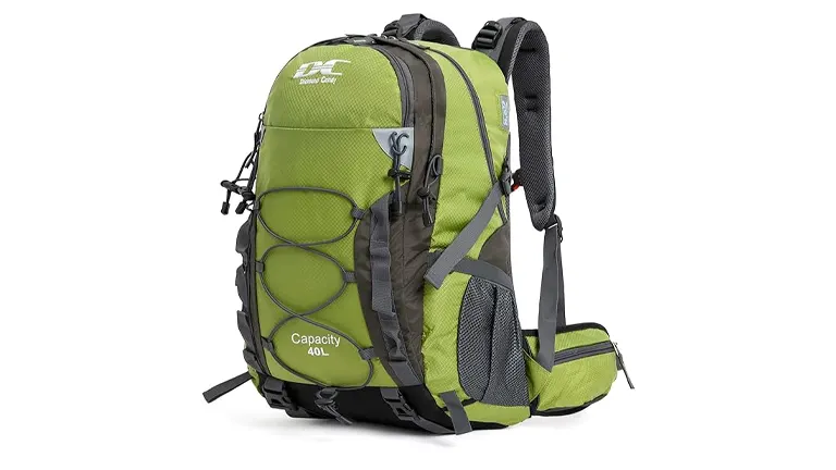 A 40L green and grey hiking backpack with multiple compartments, mesh side pockets, adjustable straps, and external bungee cords for additional storage.

