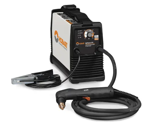 Hobart Airforce 12ci plasma cutter with built-in air compressor, power cord, and handheld torch.