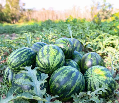 A group of watermelons with dark green stripes resting on the ground in a field, with watermelon plants and leaves in the background.

