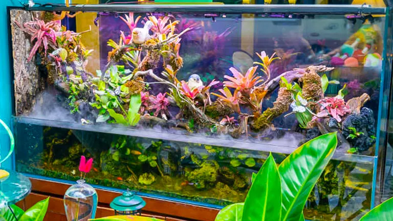 An ornate aquarium displaying a variety of pink-hued aquatic plants arranged among rocks, with a misty fog effect adding to the enchantment, set in a room with visible green foliage nearby.
