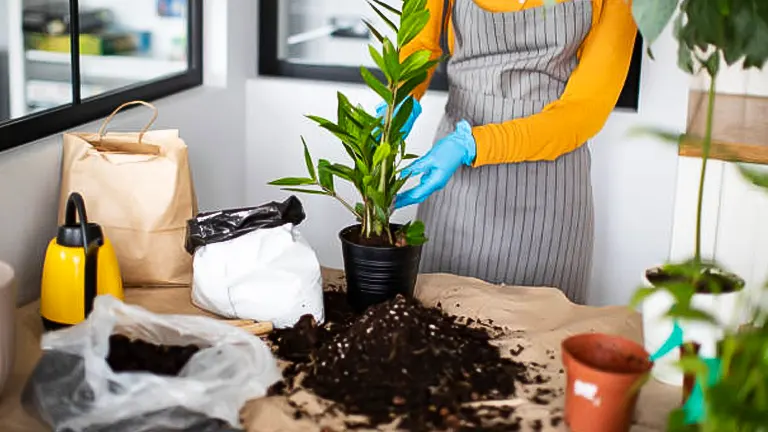 Person in a gray apron and blue gloves repotting a young Zamioculcas plant, surrounded by gardening supplies and soil on a table indoors.