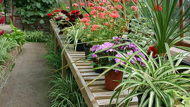 A variety of potted plants, including spider plants with striped leaves, alongside bright red and purple flowers, arranged on a wooden greenhouse bench beside a garden path.