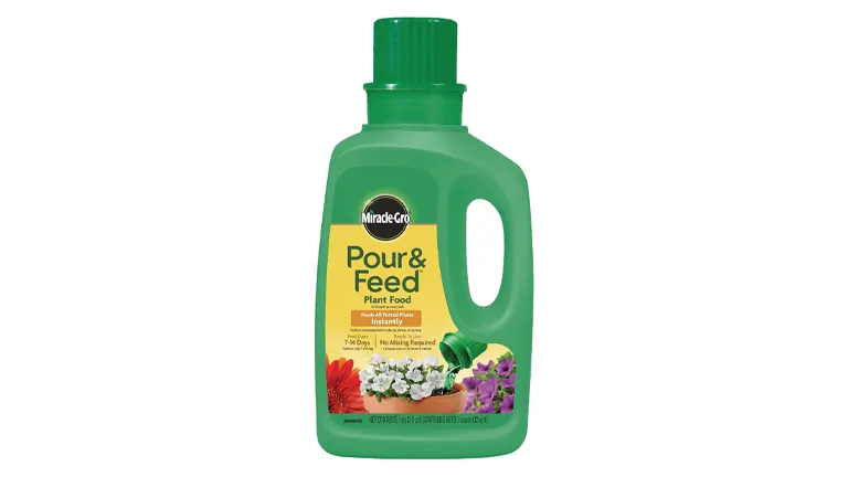 A green bottle of Miracle-Gro Pour & Feed Plant Food, ready-to-use liquid fertilizer for all indoor and outdoor container plants.

