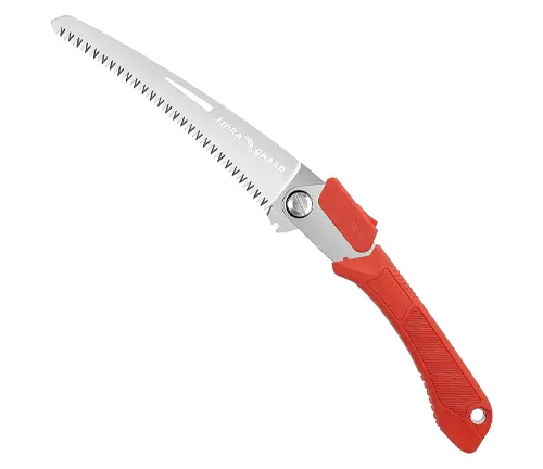 A folding pruning saw with a straight blade and a vibrant red handle, designed for sharp and precise cutting.