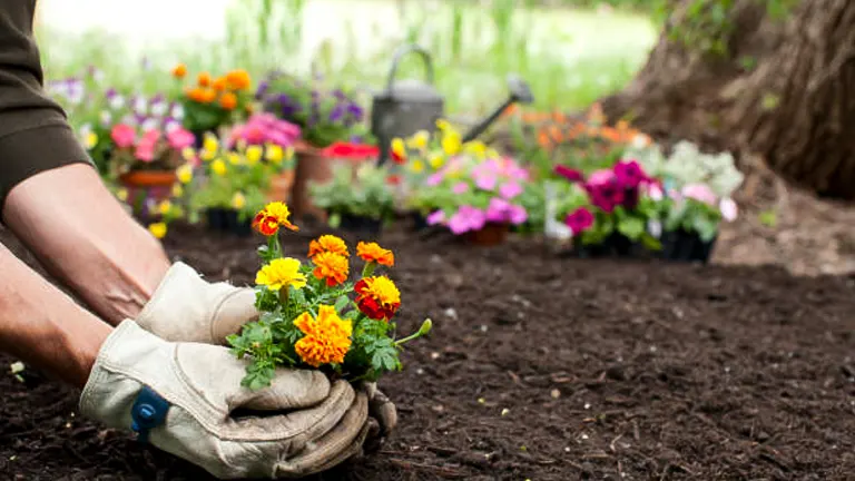 A person in gardening gloves planting small marigolds with a variety of colorful flowers and gardening tools blurred in the background, depicting a vibrant garden setting.