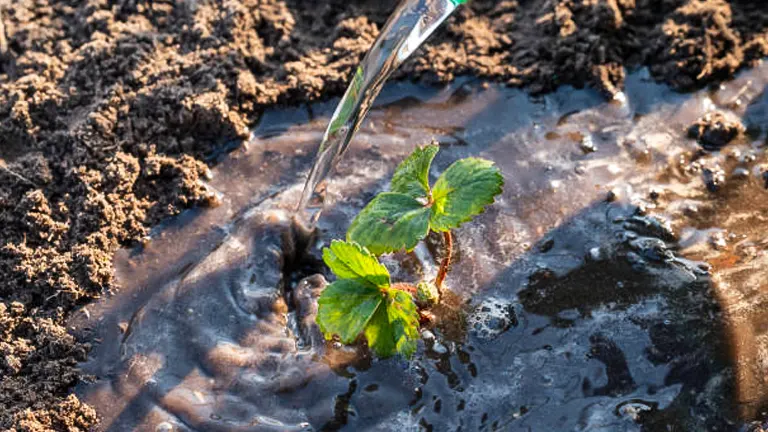 Water being poured from a watering can onto the soil around a young strawberry plant in sunlight.
