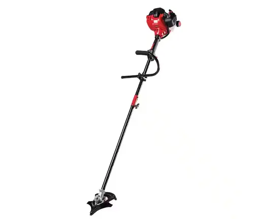 A red and black gas-powered brush cutter with a straight shaft and a bicycle-style handle, isolated on a white background.
