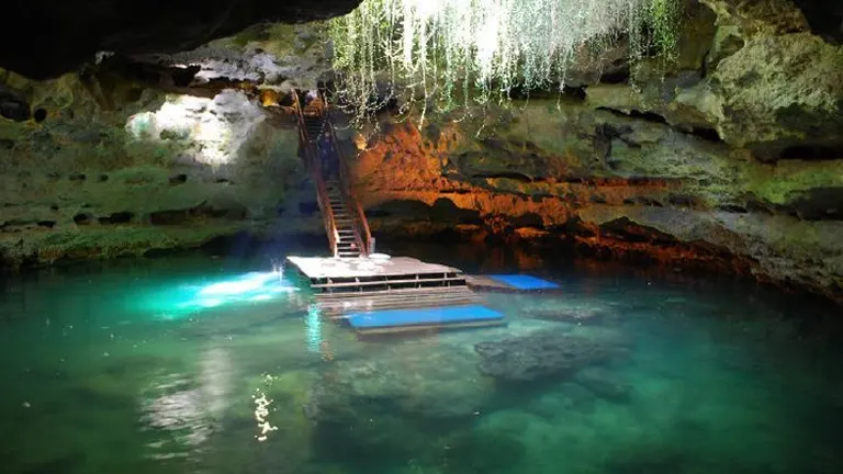 A serene underground cenote with crystal clear water, accessed by a wooden ladder, illuminated by natural light cascading through an opening above, surrounded by lush hanging vegetation and rocky formations.
