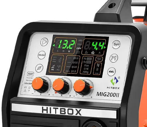 Close-up of the control panel on a HITBOX MIG200II MIG welder, displaying digital screens and adjustment knobs.
