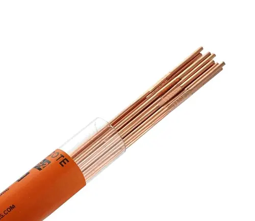 Copper-coated TIG welding rods in a clear plastic tube with an orange label.