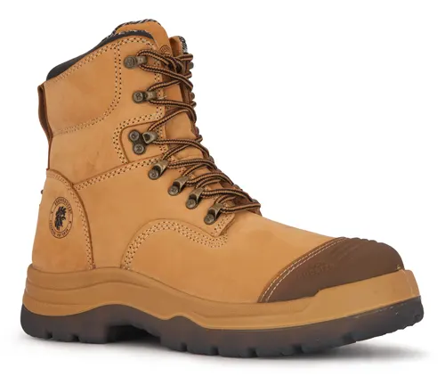 Tan lace-up welding boot with a round toe and sturdy rubber sole, 2024 model.