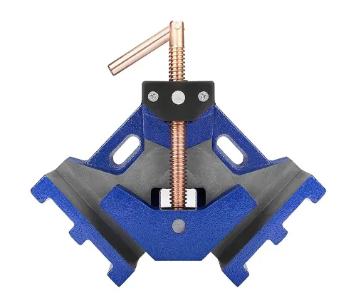 Heavy-duty corner welding clamp with blue grips and copper screw for precise adjustments, 2024 top rated.