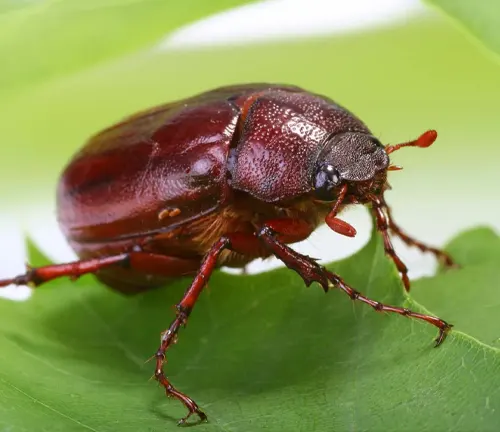 A red June Beetle perched on a vibrant green leaf.