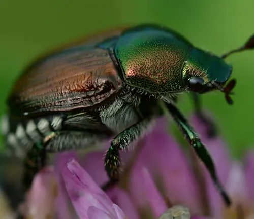 A Japanese Beetle with vibrant green and black stripes on its back.