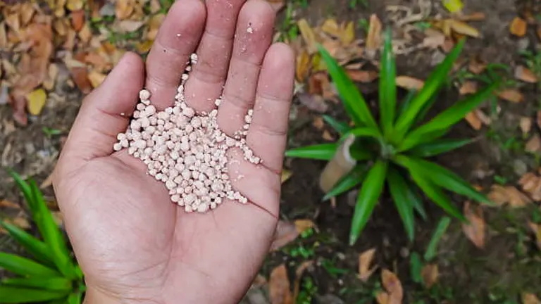 An open hand holding granular fertilizer with a young pineapple plant in the background.