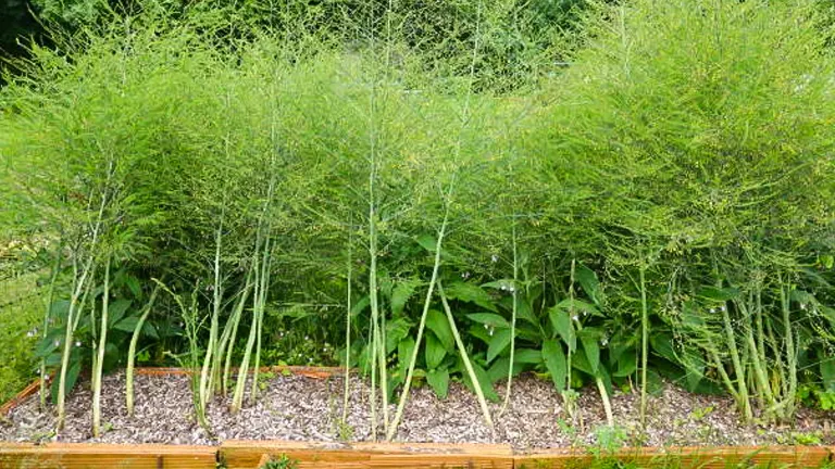 Mature asparagus plants with tall, feathery ferns growing in a well-maintained raised garden bed, with broad-leafed plants at their base.
