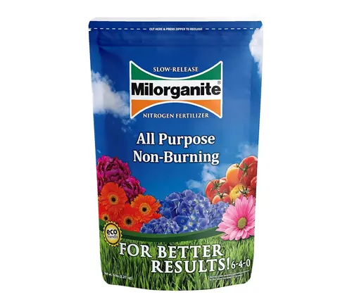 Bag of Milorganite Slow-Release Nitrogen Fertilizer, All Purpose Non-Burning, with a floral graphic and an 'Eco' label, for better results with a 6-4-0 formula.