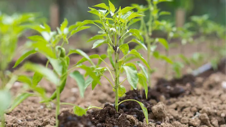 Close-up of a row of young, green pepper plants in rich, loamy soil with a drip irrigation hose visible, indicating precision watering and fertilization.