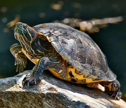 A close-up photo of a red-eared slider turtle with a vibrant red stripe on each side of its head and a greenish-brown shell.
