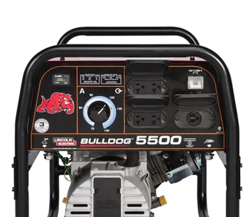 Control panel of a Lincoln Electric Bulldog 5500 welder generator with dials, outlets, and the Bulldog logo.