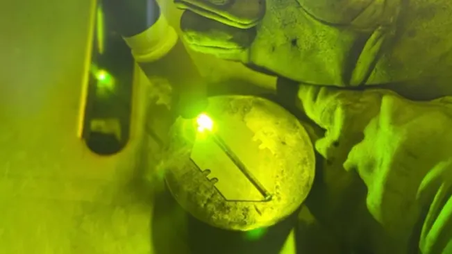 Welding in progress with a green tint from a welder's protective screen, featuring a bright weld spot.