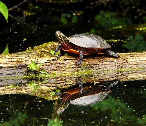 A "Painted Turtle" sitting on a log in the water.