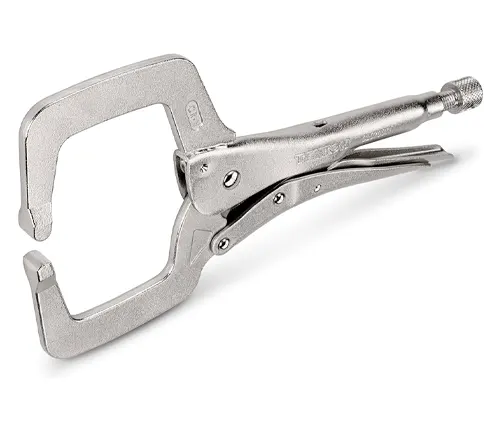 Silver metal welding clamp with a wide-opening and screw adjustment, featured in the 2024 best-of list.