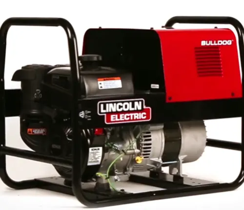 Side view of a Lincoln Electric Bulldog 5500 AC Welder with protective cage and brand logo.






