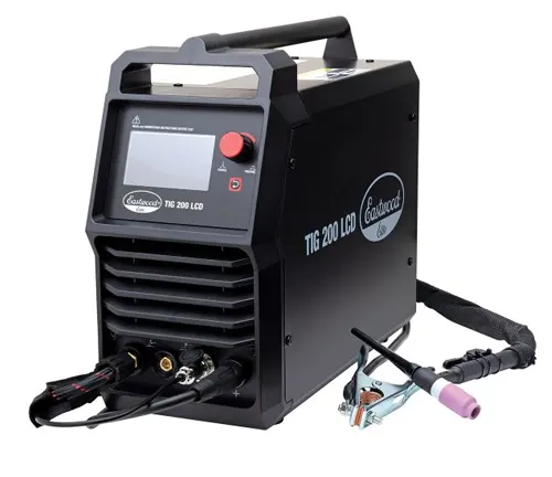 Eastwood Elite 200 Amp LCD Digital AC/DC TIG Welder with black casing, digital display, and attached torch.