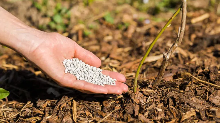 A hand holding white fertilizer granules over a patch of soil covered with organic mulch, ready for application.
