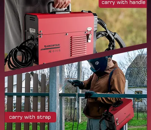Collage of a person using and carrying an ARCCAPTAIN 130A MIG Welder with a handle and strap.





