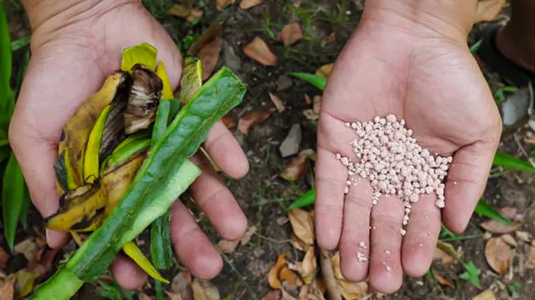 Two hands held open, one with decaying plant matter and the other with a handful of small, pinkish fertilizer pellets, over a bed of dried leaves.