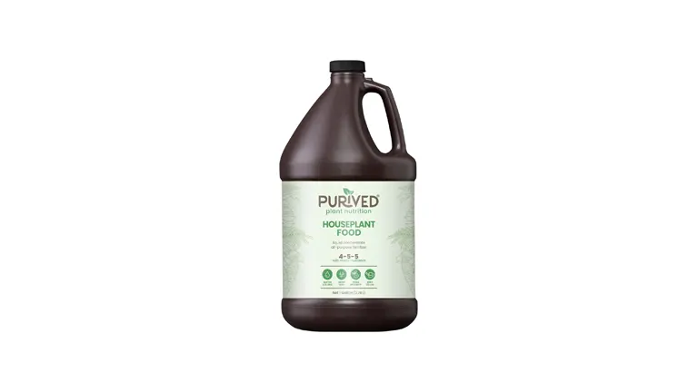 A dark brown jug labeled "PURIVED Houseplant Food" with a 4-3-5 NPK ratio, for all-purpose indoor plant nutrition.

