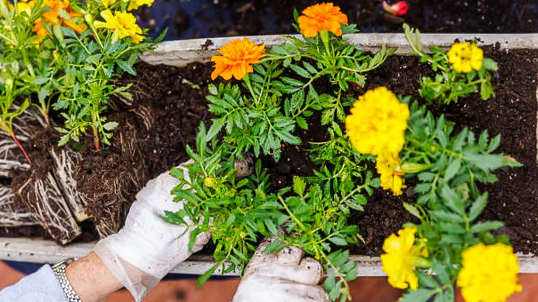 Hands in white gardening gloves are planting marigold flowers with vibrant yellow and orange blooms into dark, fertile soil in a garden bed.
