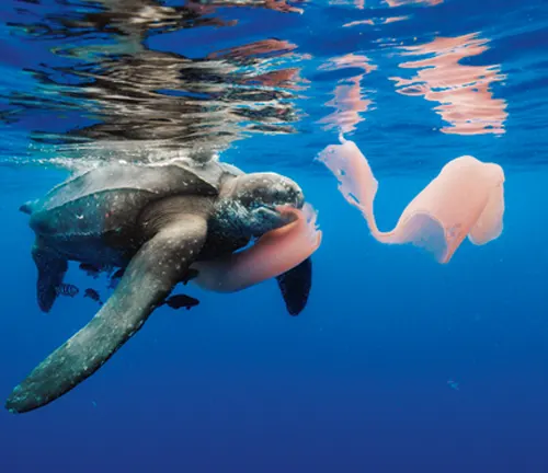 A Leatherback Sea Turtle swimming with a plastic bag in its mouth, highlighting the threat of marine pollution.