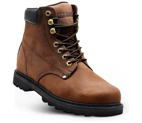Brown leather welding boot with metal eyelets and durable sole, featured for 2024.
