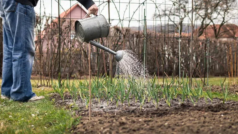 Person watering a bed of young garlic plants with a metal watering can in a garden.