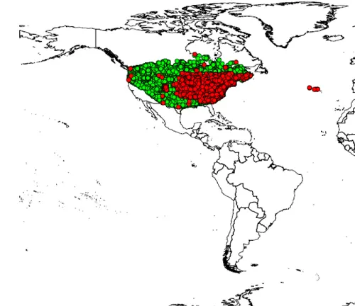  Map with green and red dots indicating Rose Chafer Beetle locations.

