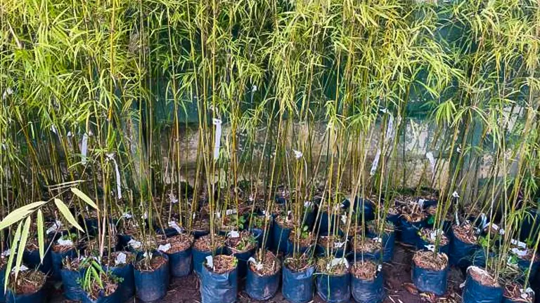 Rows of young bamboo plants growing in black nursery pots, with tall, slender green stems and leaves.

