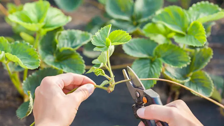 Hands pruning a strawberry runner with garden shears to encourage growth, with healthy strawberry plants in the background.