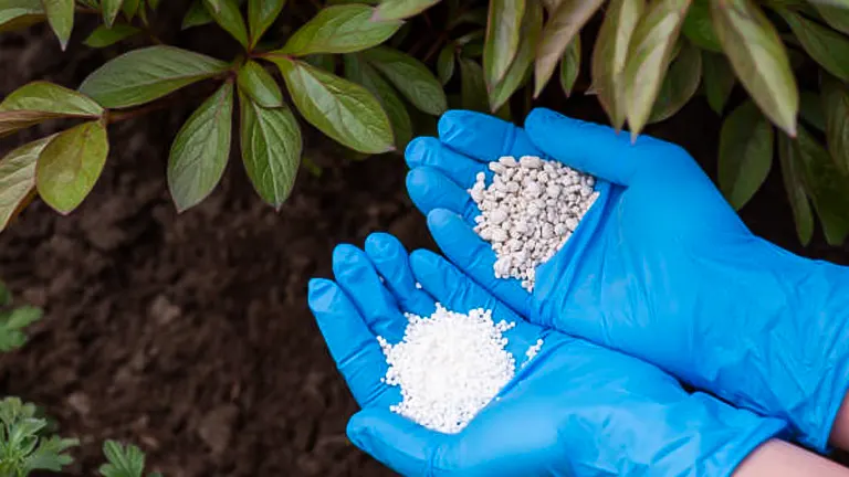 A gardener wearing blue gloves holds granular and powder fertilizer in their palms, ready to apply to the plant with lush green leaves in the background.