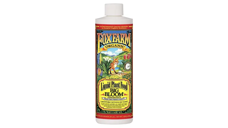 A bottle of FoxFarm Organic Big Bloom Liquid Plant Food with colorful label art, formulated for enhancing growth and bloom.

