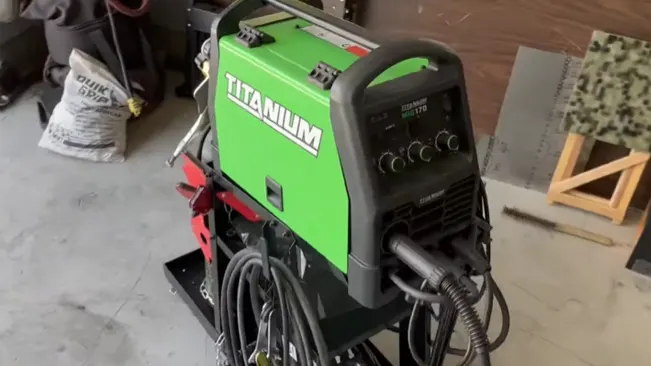 Green Titanium MIG 170 welder mounted on a cart with cables and tools in a workshop environment.

